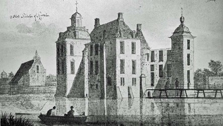 <p>Tekening van kasteel Ruurlo vanuit het zuidoosten uit 1732 (naar een tekening van C. Pronk). De binnenplaats is bereikbaar via een brug over de kasteelgracht (Gelders Archief). </p>
